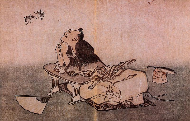 A Philosopher looking at two butterflies by Katsushika Hokusai